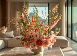 Elegant faux floral centerpiece featuring blush snapdragons, peach garden roses, pink carnations, and airy grasses styled in a modern ceramic vase by True Bloom Floral™