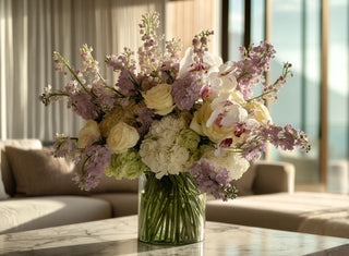 Elegant faux floral centerpiece featuring soft early fall florals styled in a modern glass vase by True Bloom Floral™