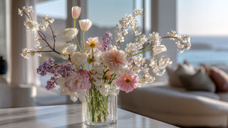 Cherry blossom stems, tulips, peony and purple blossoms arranged in a clear glass vase on a marble table in a coastal modern home with ocean views