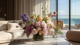 Luxury faux blush garden floral arrangement featuring amaranthus, ranunculus, and mixed seasonal blooms in a glass vase on a marble coffee table, styled in a bright modern coastal living room with ocean view and soft natural sunlight