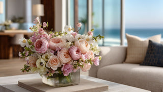 Luxury faux blush pink and ivory rose bouquet in a ribbed glass vase on a coffee table, styled in a bright coastal living room with ocean view and natural light, elegant high-end home decor floral arrangement