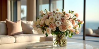 Faux blush and cream rose arrangement in a glass vase styled in a sunlit modern interior with soft neutral tones