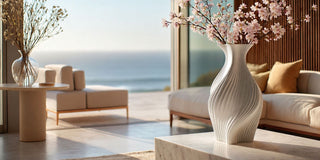 Faux cherry blossom stems in a large statement vase styled in a sunlit modern interior with soft neutral tones