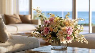Soft pastel faux floral arrangement with blush pink roses, butter yellow blooms, and delicate flowering branches in a glass vase by True Bloom Floral™
