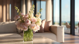 Blush pink peony and rose faux floral arrangement in a clear glass vase on a marble coffee table, styled in a bright modern living room with soft neutral tones and natural sunlight