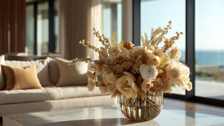 Champagne and cream faux floral arrangement with soft gold tones in a glass vase, styled on a marble coffee table in an elegant modern living room