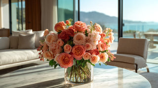 Coral and peach rose faux floral arrangement in a glass vase on a marble coffee table, styled in a luxury modern living room with ocean view and warm light