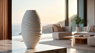 White sculptural ceramic vase with curved texture on a marble table, styled in a modern coastal living room with ocean view and warm natural light