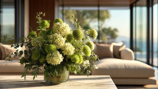 Green hydrangea and textured faux floral arrangement in a glass vase on a marble coffee table, styled in a bright modern living room with coastal view and natural sunlight