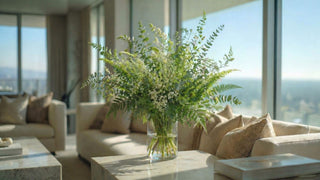 Filler & Texture Faux greenery and baby’s breath floral arrangement in a clear glass vase on a marble coffee table, styled in a bright modern coastal living room with ocean view and soft natural sunlight