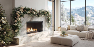 Holiday garland with cream florals and greenery styled over a marble fireplace in a bright winter living room