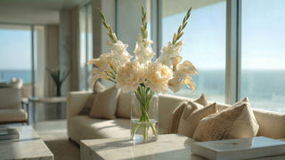 Movement stems with tall white gladiolus adding height and airy structure to a floral arrangement