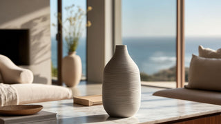 Narrow neck white ceramic vase with ribbed texture on a marble table, styled in a minimalist modern living room with coastal view