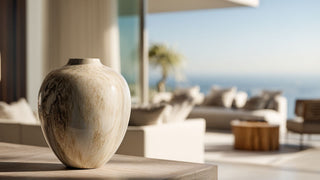 Neutral ceramic decorative vase styled on a wood surface in a modern coastal living room with ocean view, soft beige tones, and warm natural light
