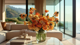 Orange ranunculus faux floral arrangement in a glass vase on a marble coffee table, styled in a bright modern coastal living room with mountain and ocean views