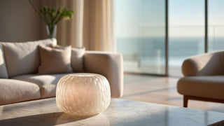 Small white textured glass vase on a marble coffee table, styled as a petite decorative accent in a bright modern living room with soft neutral tones