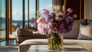 Purple and lavender faux floral arrangement in a clear glass vase on a marble table, styled in a modern luxury living room with soft neutral tones and natural light