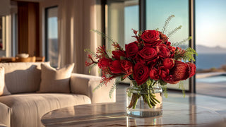 Red rose faux floral arrangement in a clear glass vase on a marble table, styled in a luxury modern coastal living room with ocean view and warm natural light