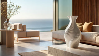 Tall white sculptural vase with twisted form on a marble table, styled in a modern luxury living room with coastal view and warm sunlight