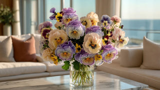 Colorful faux pansy floral arrangement in soft lavender, cream, yellow, and blush tones styled in a clear glass vase by True Bloom Floral™