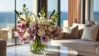 Real touch faux floral arrangement with pink orchids, blush garden roses, and white snapdragons in a clear glass vase by True Bloom Floral™