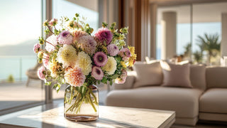 Luxury faux dahlia and mixed pastel floral arrangement in a clear glass vase on a marble coffee table, styled in a bright coastal living room with ocean view and natural sunlight, elegant high-end home decor