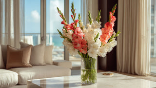 Luxury faux coral and white gladiolus floral arrangement in a clear glass vase on a marble coffee table, styled in a bright coastal living room with ocean view and soft natural sunlight, elegant high-end home decor