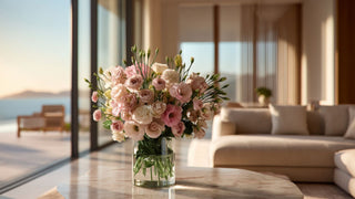 Luxury faux blush pink lisianthus floral arrangement in a clear glass vase on a marble coffee table, styled in a bright coastal living room with ocean view and soft natural sunlight, romantic elegant home decor