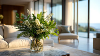 Luxury faux mixed greenery arrangement with layered textures in a clear glass vase on a marble coffee table, styled in a bright modern coastal living room with ocean view and soft natural sunlight, elegant organic home decor