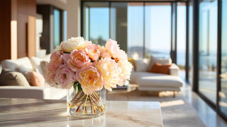 Luxury faux blush and peach peony floral arrangement in a clear glass vase on a marble coffee table, styled in a bright coastal living room with ocean view and warm natural sunlight, elegant high-end home decor