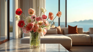 A luxury faux poppy arrangement in blush and coral tones, styled in a glass vase on a marble table in a bright coastal home
