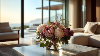 Luxury faux protea floral arrangement with textured greenery in a clear glass vase on a marble coffee table, styled in a bright modern coastal living room with ocean view and warm natural sunlight, designer statement home decor