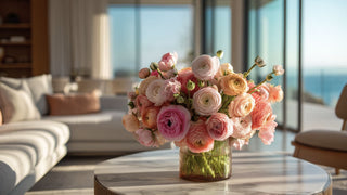 Luxury faux blush pink ranunculus floral arrangement in a ribbed glass vase on a marble coffee table, styled in a bright coastal living room with ocean view and soft natural sunlight,