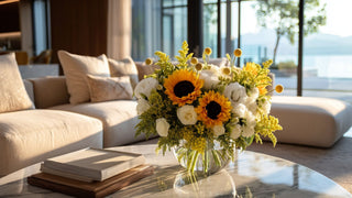 Luxury faux sunflower and white rose floral arrangement in a clear glass vase on a marble coffee table, styled in a bright coastal living room with ocean view and warm natural sunlight, cheerful elegant home decor