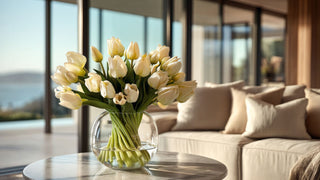 Luxury faux white tulip bouquet in a clear round glass vase on a marble coffee table, styled in a bright modern coastal living room with ocean view and soft natural sunlight, elegant high-end home decor