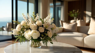 White and cream rose and lily faux floral arrangement with greenery in a glass vase on a marble table, styled in a bright modern luxury living room with coastal view