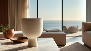 Wide mouth white ceramic vase on a marble table, styled in a modern coastal living room with neutral decor and ocean view