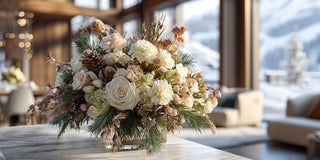 Winter floral arrangement with cream roses, pinecones, and evergreen stems in soft neutral tones styled in a cozy mountain interior