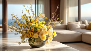 Yellow spring faux floral arrangement with tulips and flowering branches in a glass vase, styled on a marble table in a bright modern living room with natural sunlight