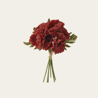 Orange real touch poppy bundle shown in full view with 6 petite stems, ruffled orange blooms, dark flower centers, faux green leaves, and compact stems for small vases, warm seasonal arrangements, fall styling, and petite floral displays.