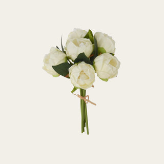 White real touch peony bundle shown in full view with 6 petite stems, soft rounded peony blooms, faux green leaves, and compact stems for small vases, spring arrangements, summer styling, and petite floral displays.