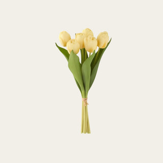Yellow True Bloom Real Touch tulip bundle shown in full view with 6 petite tulip stems, soft yellow closed blooms, faux green leaves, and compact stems for small vases, spring arrangements, kitchen counter florals, and fresh seasonal styling.
