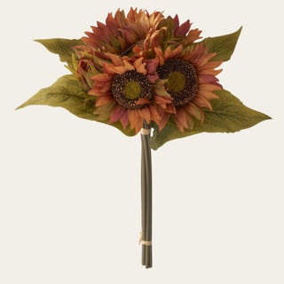 14-inch brown, orange and burgundy artificial sunflower bundle of 6 stems for fall, suited to petite, narrow-neck and everyday vases with eucalyptus or allium.