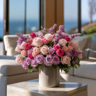 Pink True Bloom Real Touch rose bundle styled with layered blush and lavender florals in a romantic centerpiece arrangement for elegant year-round floral styling.