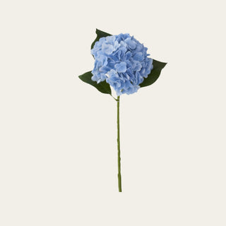 Blue True Bloom Real Touch hydrangea stem shown in full view with a rounded soft blue bloom, layered petals, faux green leaves, and a wired green stem for everyday vases, spring arrangements, summer styling, coastal floral designs, and full faux hydrangea displays.