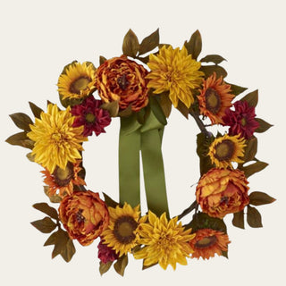 25 inch artificial mixed peony, dahlia, and sunflower fall wreath featuring realistic faux florals in burnt orange, golden yellow, and burgundy with layered autumn foliage for seasonal front door decorating.