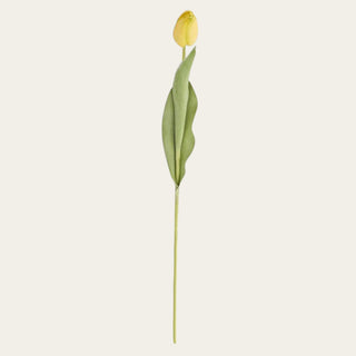 Single 26.75-inch yellow True Bloom real touch tulip stem with closed yellow bloom, long green silk leaves, and green faux stem