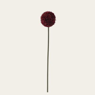 26-inch burgundy artificial allium stem for fall, winter, and holiday arrangements, pairing with cymbidium orchids, golden foliage, and narrow-neck or statement vases.