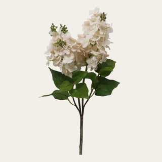 27.5 inch cream True Bloom lilac stem shown on a neutral background with soft cream blooms, green buds, realistic leaves, and a natural branch-style stem for floral arrangements.