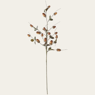 Full view of a 27 inch brown faux acorn stem featuring realistic acorns, natural branching, faux leaves, and flexible wired construction for seasonal vase arrangements.